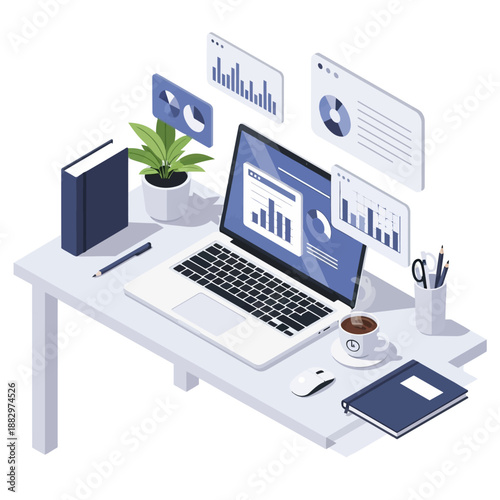 Isometric illustration of a modern workspace with a laptop displaying data analytics.