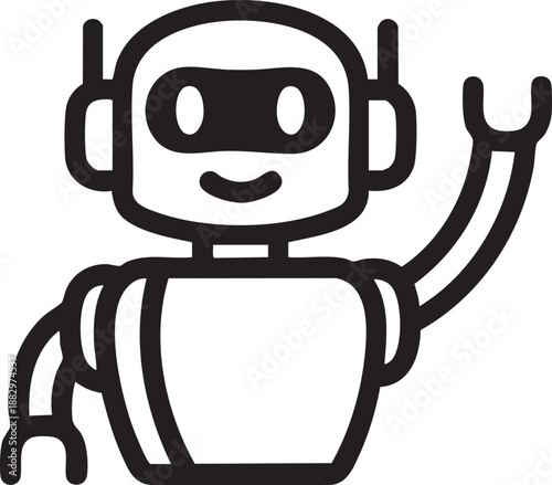 Friendly robot character waving its hands for greeting and communication concept in modern artificial intelligence.
