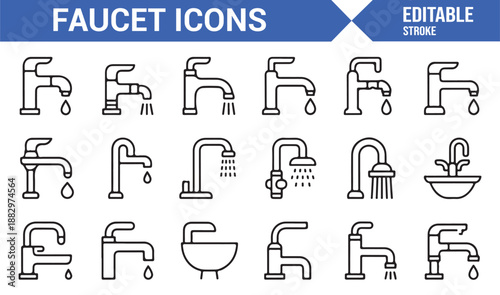 Water tap and sink fixture line icons editable vector