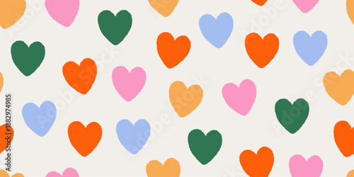 Crayon hearts seamless pattern. Romantic banner with brush scribble elements. Chalk doodle background with pencil lines and naive ink texture.