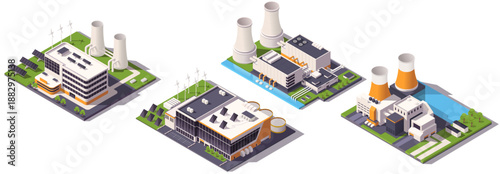 Isometric set of energy power plants including solar, wind, nuclear, and hydroelectric stations on white background. Concept of clean energy. Vector illustration