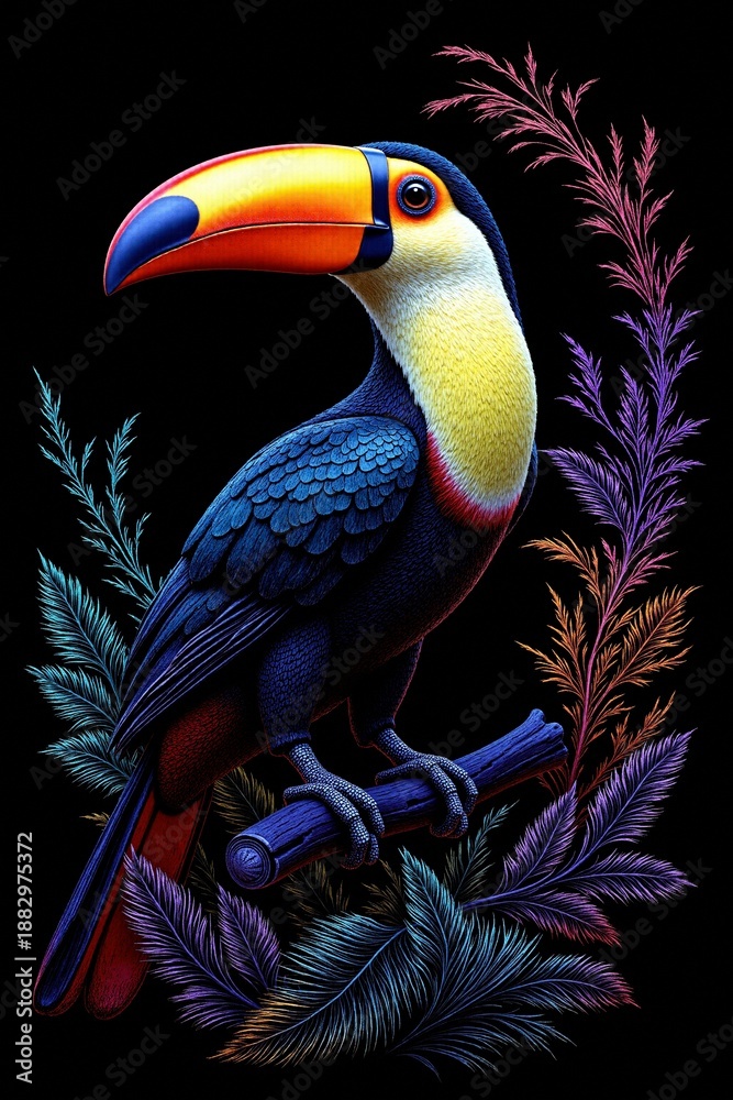 Naklejka premium A colorful digital illustration of a toucan perched on a branch, surrounded by vibrant feathers and foliage, set against a dark background.
