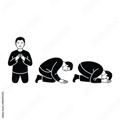 Illustration of islamic prayer positions isolated on white background, Vector, illustration