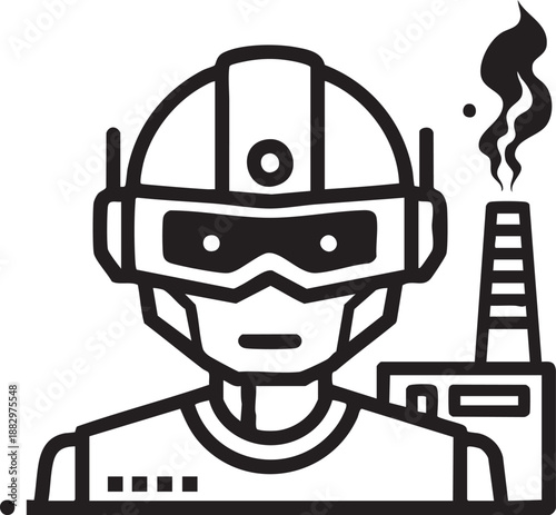 Cyborg character wearing a futuristic helmet standing in front of an industrial factory.