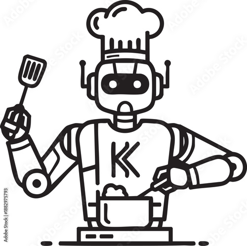 Automated robot chef icon wearing a hat and cooking food in a professional smart kitchen setting.