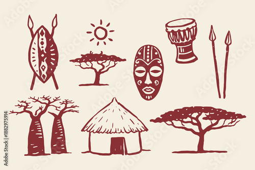 African tribal symbols doodle line art vector illustration