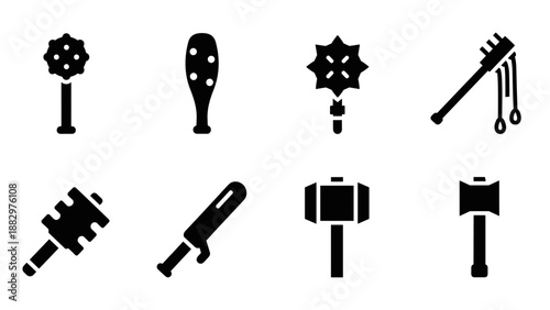 Silhouette collection of medieval weapon designs in black and white