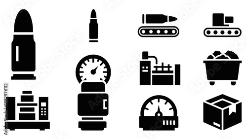 Industrial silhouette icons: manufacturing and machinery elements