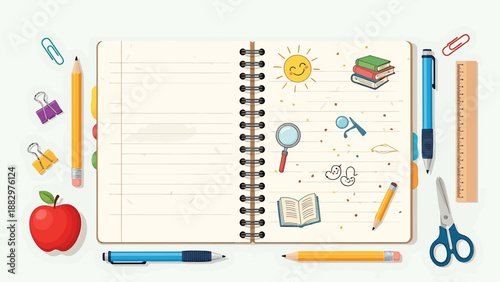 Vibrant workspace flat lay with open spiral notebook, school supplies, and hand-drawn creative learning icons on a clean wooden desk