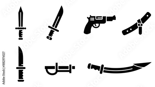 Silhouette collection of knives and revolver with gun holster design elements