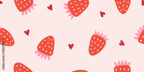 Strawberry and heart hand drawn seamless pattern. Cute spring summer background for Valentine day, wedding, birthday, holiday decor. Vector simple print  for wrapping paper, packaging, textile.