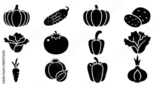 Silhouette vegetable icons set featuring pumpkin, cucumber, carrot, and more