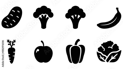Silhouette icons of various fruits and vegetables for modern design projects