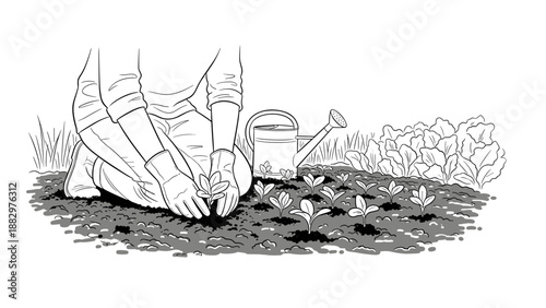 Gardener planting seedlings with watering can in linear black and white design