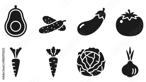 Silhouette vegetable icons: avocado, cucumber, eggplant, tomato, carrot, cabbage, onion