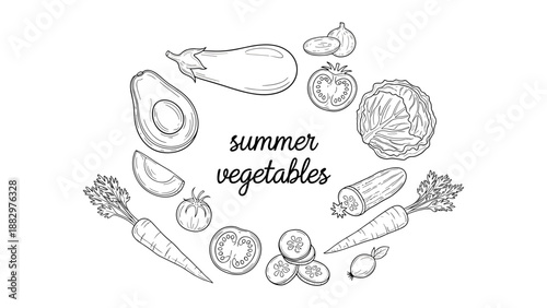 Hand drawn summer vegetables frame with avocado, carrot, eggplant, and tomato sketches