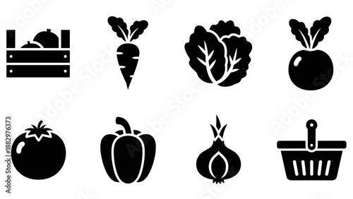 Set of vegetable icons with basket and crate on white background