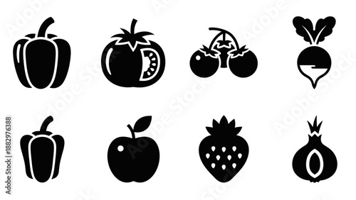 Bold black silhouette icons of fruits and vegetables for modern design