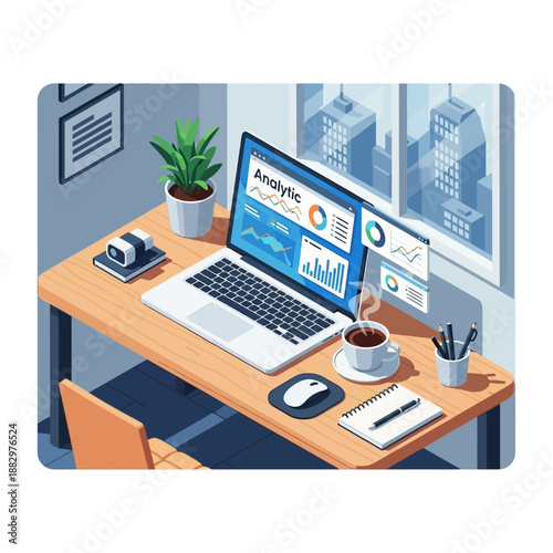 Laptop with analytics dashboard on a modern office desk.