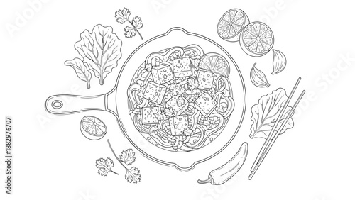 Hand drawn noodles with tofu and fresh herbs in a pan with asian ingredients