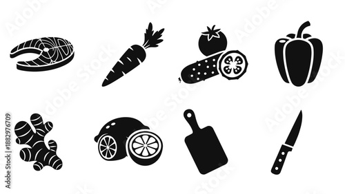 Black silhouette icons of fresh ingredients: salmon, carrot, pepper, and more for kitchen designs