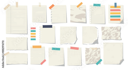 Collection of various torn and crumpled pieces of paper notes with colorful adhesive tape and push pins for a realistic scrapbooked look.