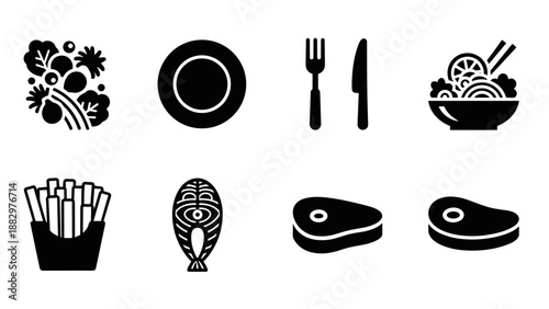 Minimalist food icon set: silhouette style with diverse meal symbols