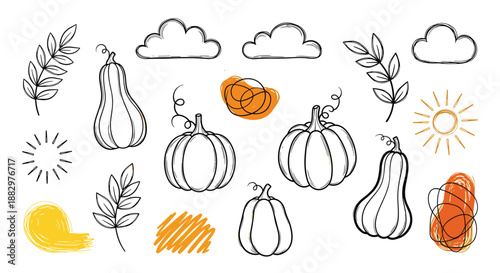 Hand-drawn autumn harvest elements including pumpkins of different shapes, falling leaves, clouds, and a sun in a simple sketch style.