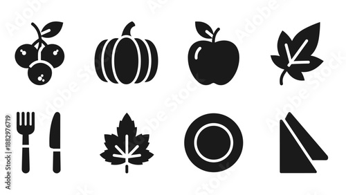 Autumn harvest silhouettes: fruits, leaves, and table settings