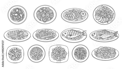 Black and white line art of diverse dishes on plates