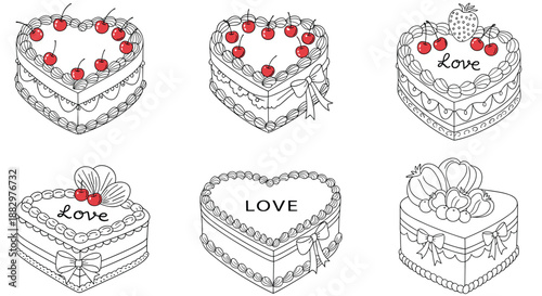 Set of six heart shaped cakes intricately decorated with fresh cherries and berries featuring elegant whipped cream and ribbon details.