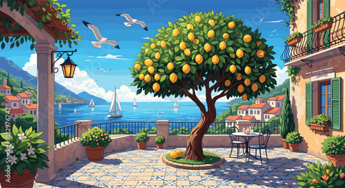 Scenic pixel art balcony view of a Mediterranean coast with lemon trees, seagulls, and sailboats on a bright sunny day.