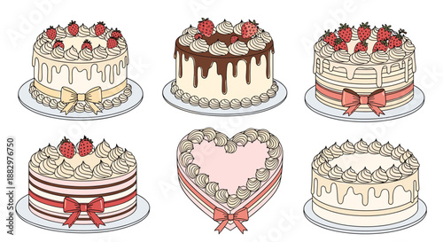 Collection of six delicious strawberry cakes with whipped cream and decorative ribbons presented on plates in a detailed sketch style.