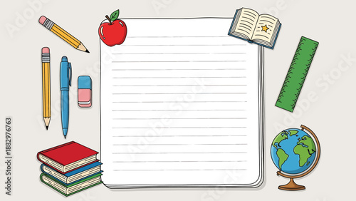 Education and learning supplies arranged around a blank piece of paper, ideal for school-related content and academic themes