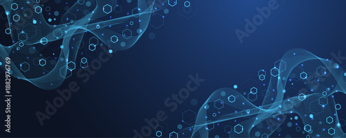 Molecular abstract structure and genetic engineering DNA. Healthcare and medicine background concept. Scientific research background. Wave flow. Innovation pattern. Vector illustration.