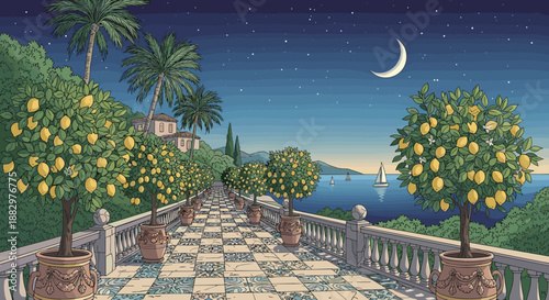 Peaceful pixel art scene of a Mediterranean garden terrace at night with potted lemon trees and a crescent moon over the quiet sea.