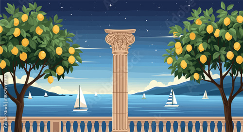 Classic Greek column stands between lush lemon trees overlooking a calm sea with sailboats under a starry night in pixel art style.