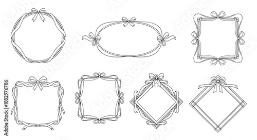 Set of seven elegant black and white frames with delicate ribbon and bow accents suitable for wedding invitations and formal stationery.