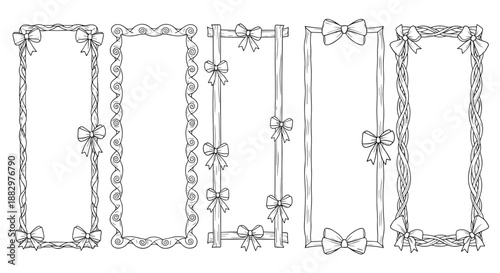Set of five vertical rectangular frames decorated with elegant ribbons, bows, and intricate floral or vine-like border patterns.