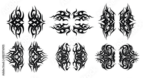 Collection of six decorative tribal tattoo patterns with symmetrical black ink designs and sharp curved lines on a plain background.