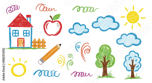 Charming set of children crayon drawings featuring a house, apple, sun, clouds, trees, and a pencil with colorful textured strokes.