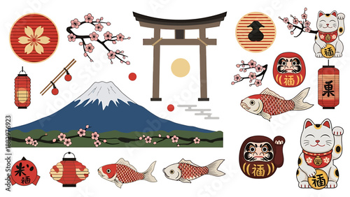Collection of Japanese Cultural Symbols Including Mount Fuji, Torii Gate, Koi Fish, Daruma Dolls, and Lucky Cats