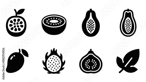 Bold fruit silhouettes set: exotic icons featuring papaya, dragon fruit, mango, and more