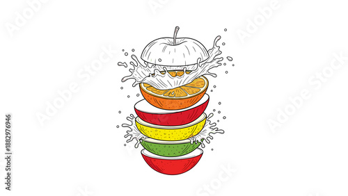 Layered fruit slices exploding with juicy splashes in colorful line art