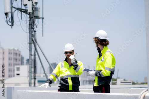 Professional telecommunication technician team talking walkie-talkie radio command rooftop cell tower, engineer worker inspecting transmitter signal network system wireless technology service.