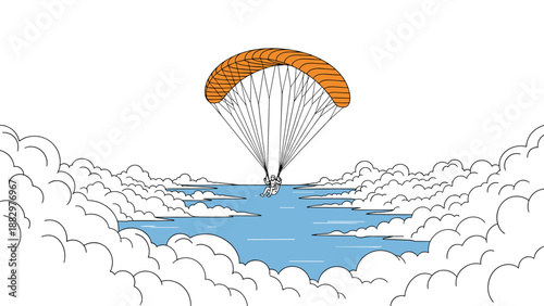 Paraglider soaring through cloudy sky in minimalist style