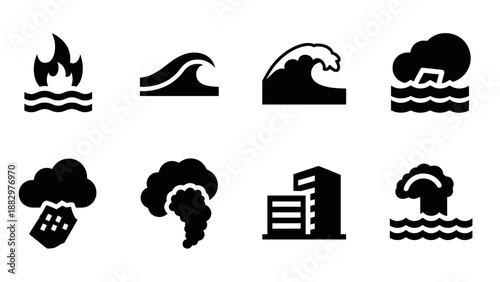 Disaster icons set: fire, flood, tsunami, earthquake, smoke, building, cloud, storm