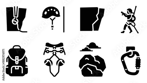 Essential icons for outdoor climbing: gear and symbols in bold silhouette