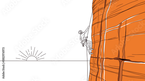 Adventurous rock climber on red cliff with sunset horizon in minimalist style