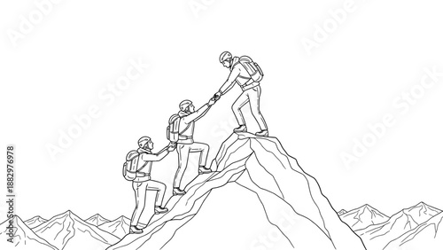 Teamwork and leadership: climbers helping each other reach mountain summit